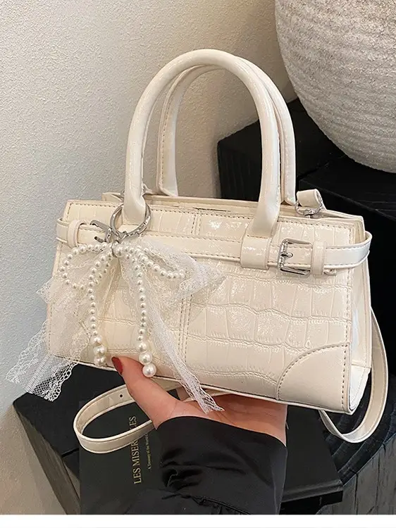 Black Croc Embroidered Crossbody Bag with Lace Bow - Image 9