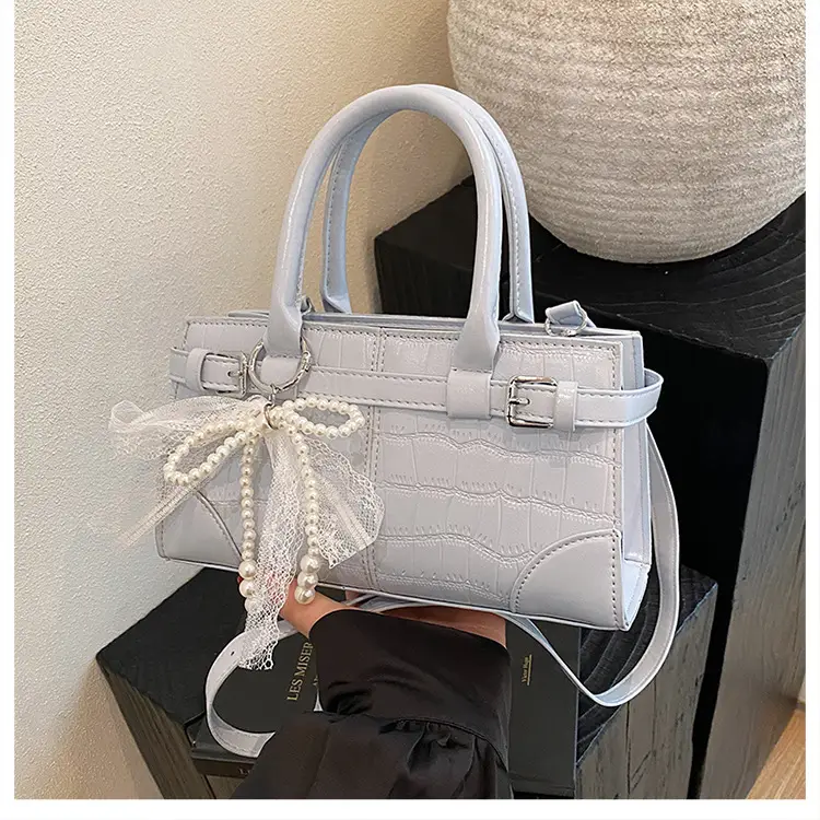 Black Croc Embroidered Crossbody Bag with Lace Bow — feature 13