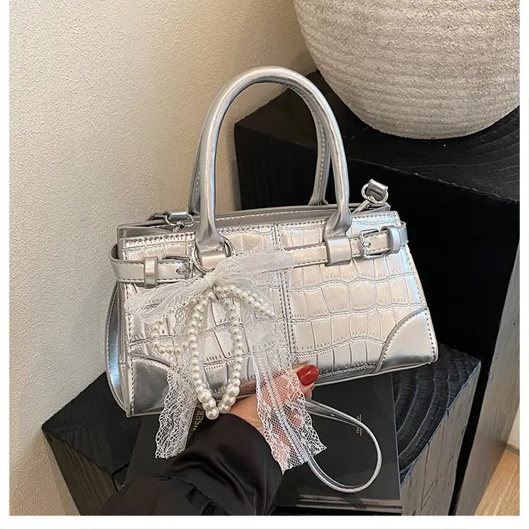 Black Croc Embroidered Crossbody Bag with Lace Bow — feature 14