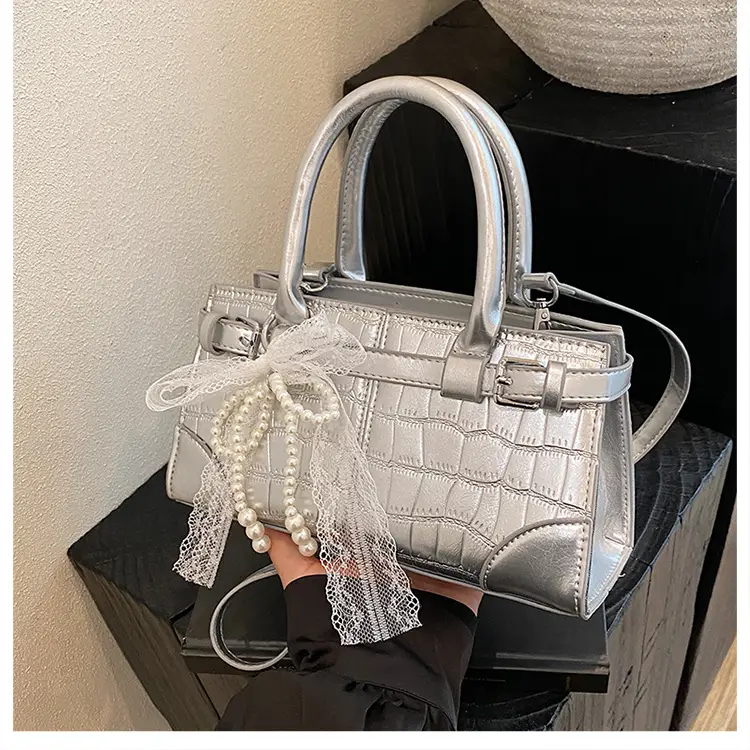 Black Croc Embroidered Crossbody Bag with Lace Bow — feature 15