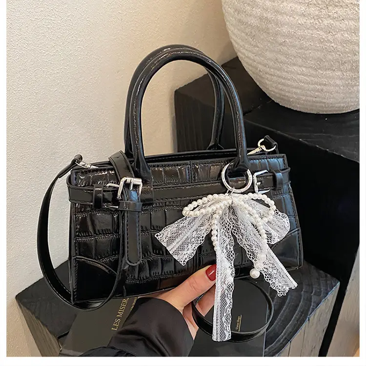 Black Croc Embroidered Crossbody Bag with Lace Bow — feature 18