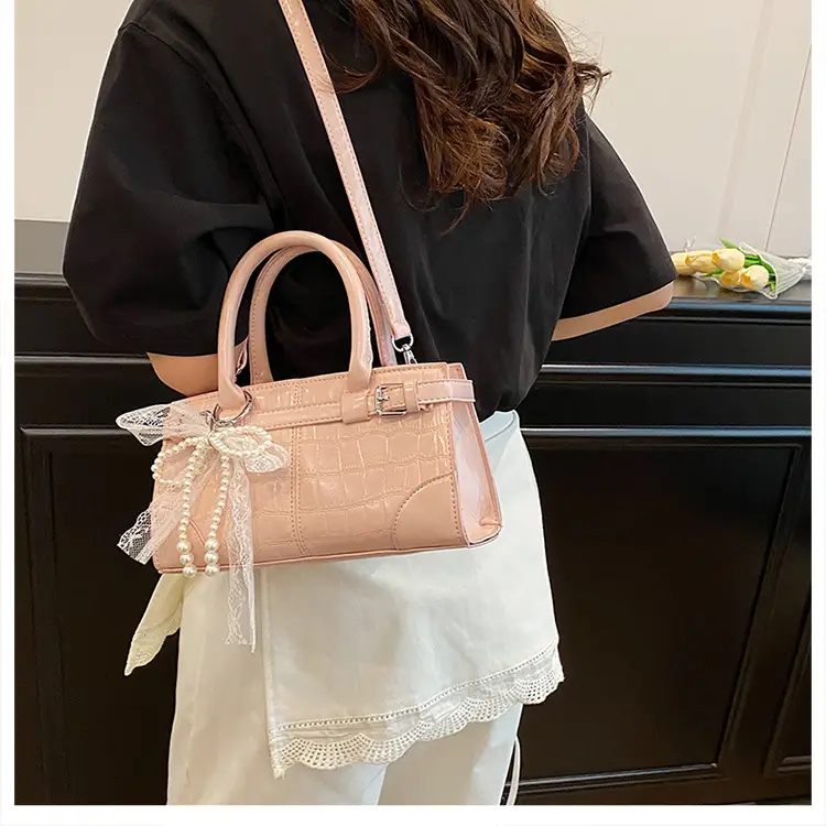 Black Croc Embroidered Crossbody Bag with Lace Bow — feature 22