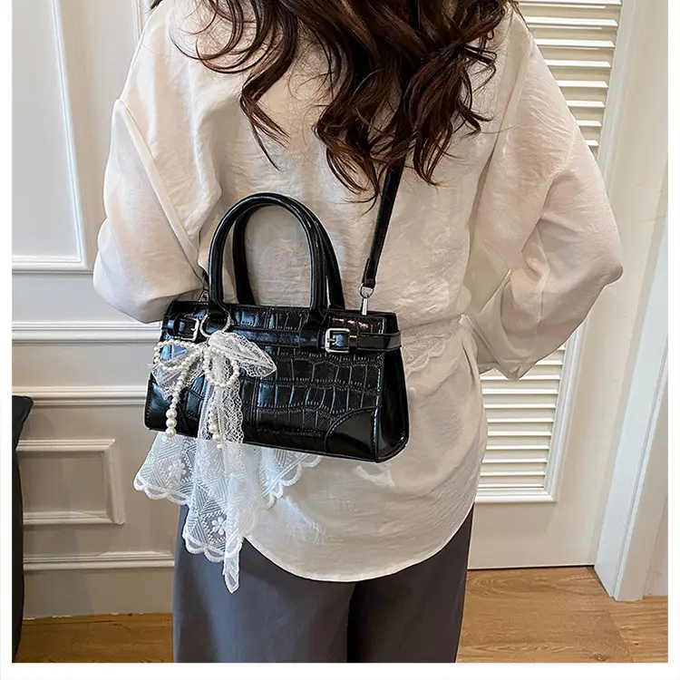 Black Croc Embroidered Crossbody Bag with Lace Bow — feature 24