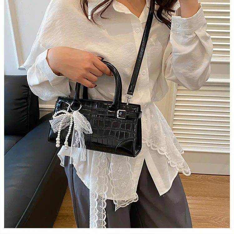 Black Croc Embroidered Crossbody Bag with Lace Bow — feature 25