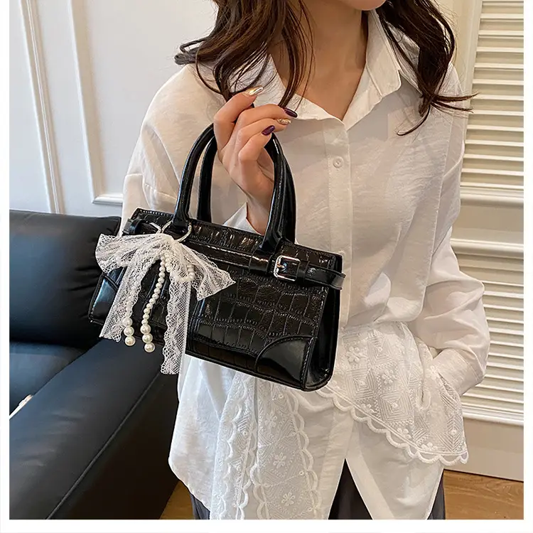 Black Croc Embroidered Crossbody Bag with Lace Bow — feature 27