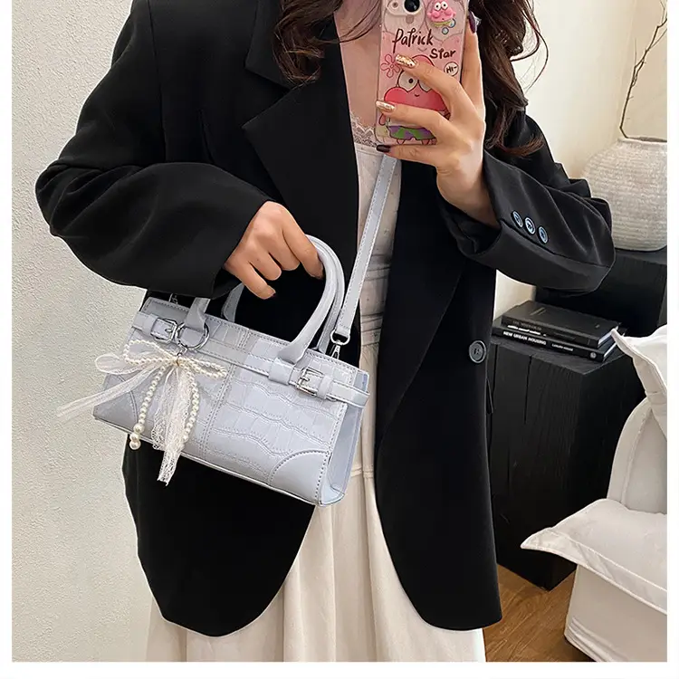 Black Croc Embroidered Crossbody Bag with Lace Bow — feature 36