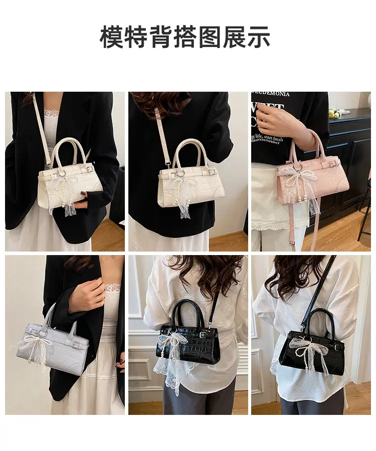 Black Croc Embroidered Crossbody Bag with Lace Bow — feature 9