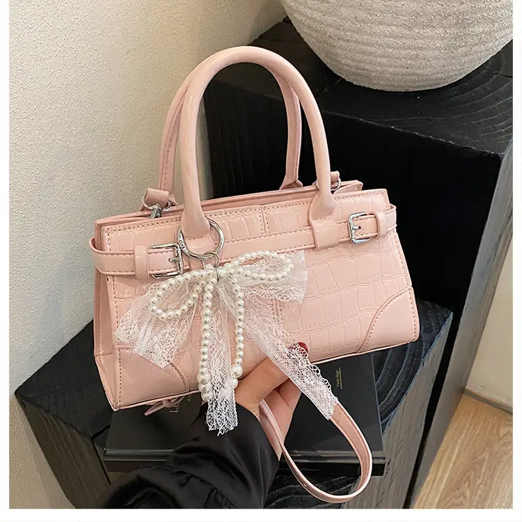 Black Croc Embroidered Crossbody Bag with Lace Bow - Image 5