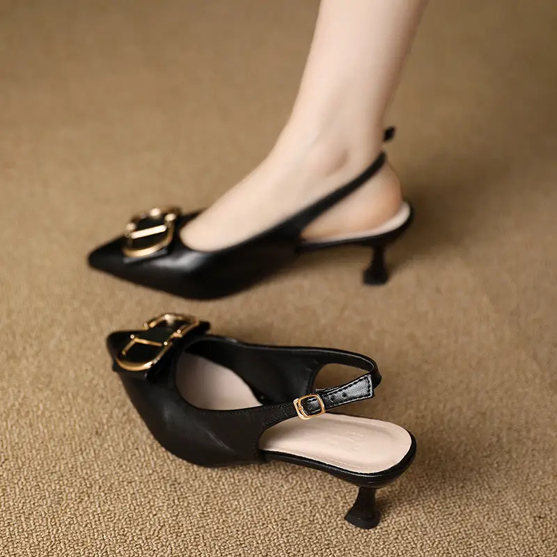 Summer New Pointed High Heels Sandals Women's Fine Heel High-end Black Toe Sandals French Square Buckle Single-layer Shoes for Women - Image 2