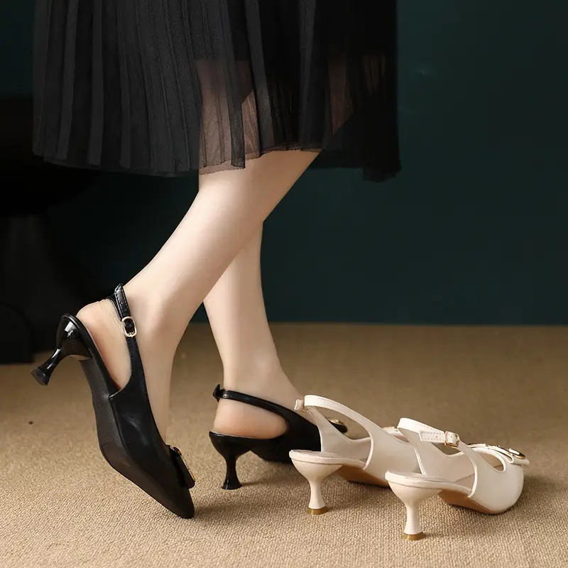 Summer New Pointed High Heels Sandals Women's Fine Heel High-end Black Toe Sandals French Square Buckle Single-layer Shoes for Women - Image 7