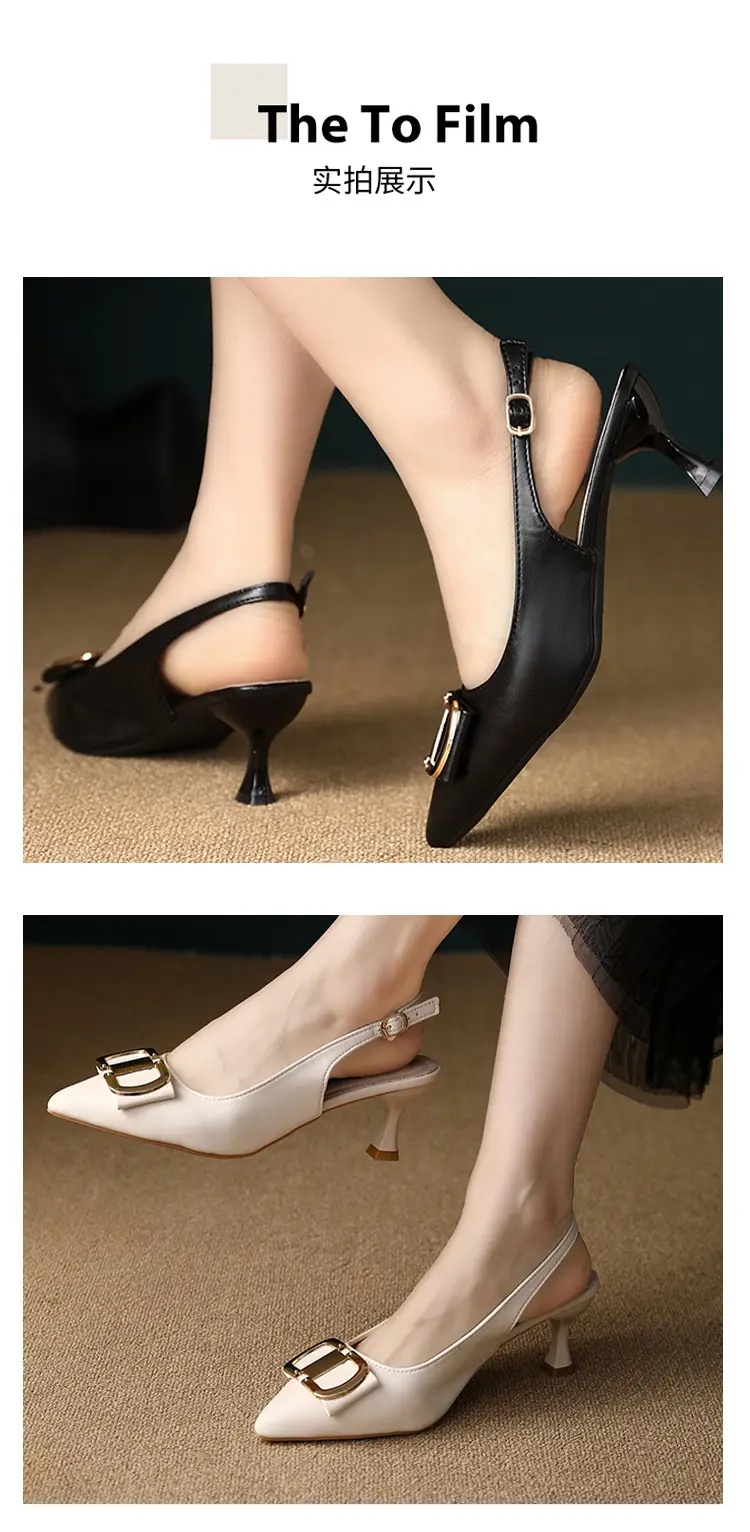 Summer New Pointed High Heels Sandals Women's Fine Heel High-end Black Toe Sandals French Square Buckle Single-layer Shoes for Women — feature 10