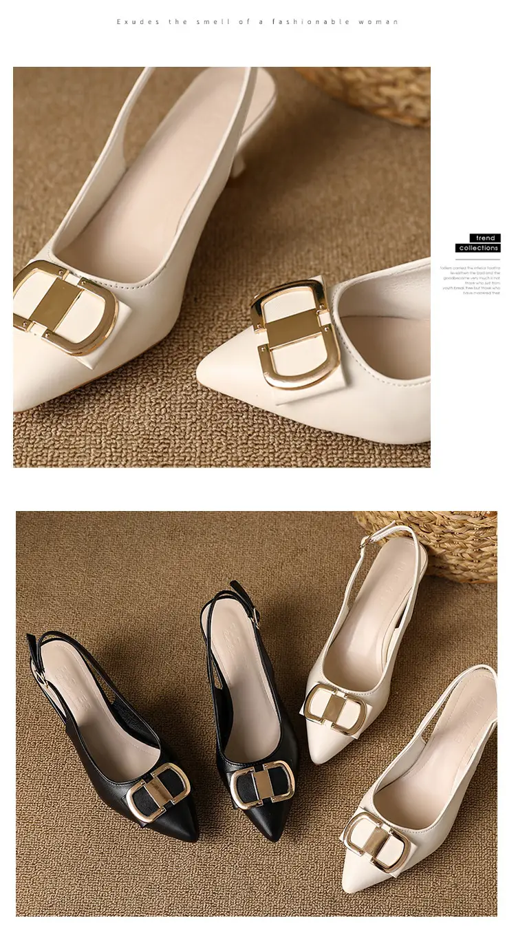 Summer New Pointed High Heels Sandals Women's Fine Heel High-end Black Toe Sandals French Square Buckle Single-layer Shoes for Women — feature 11