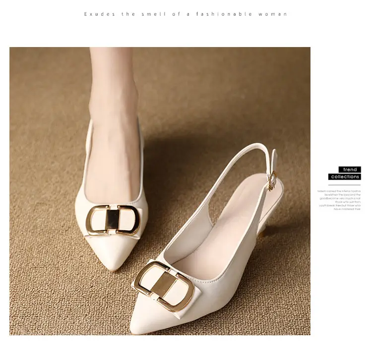 Summer New Pointed High Heels Sandals Women's Fine Heel High-end Black Toe Sandals French Square Buckle Single-layer Shoes for Women — feature 12