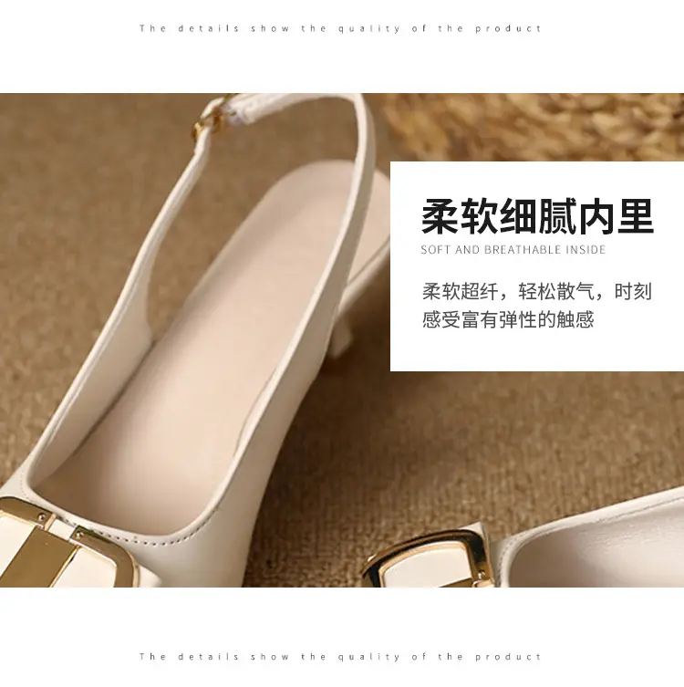Summer New Pointed High Heels Sandals Women's Fine Heel High-end Black Toe Sandals French Square Buckle Single-layer Shoes for Women — feature 7