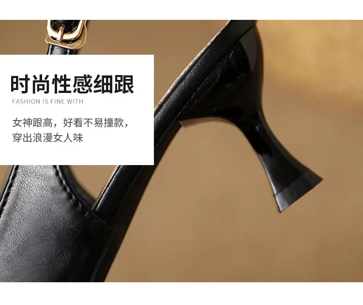 Summer New Pointed High Heels Sandals Women's Fine Heel High-end Black Toe Sandals French Square Buckle Single-layer Shoes for Women — feature 8