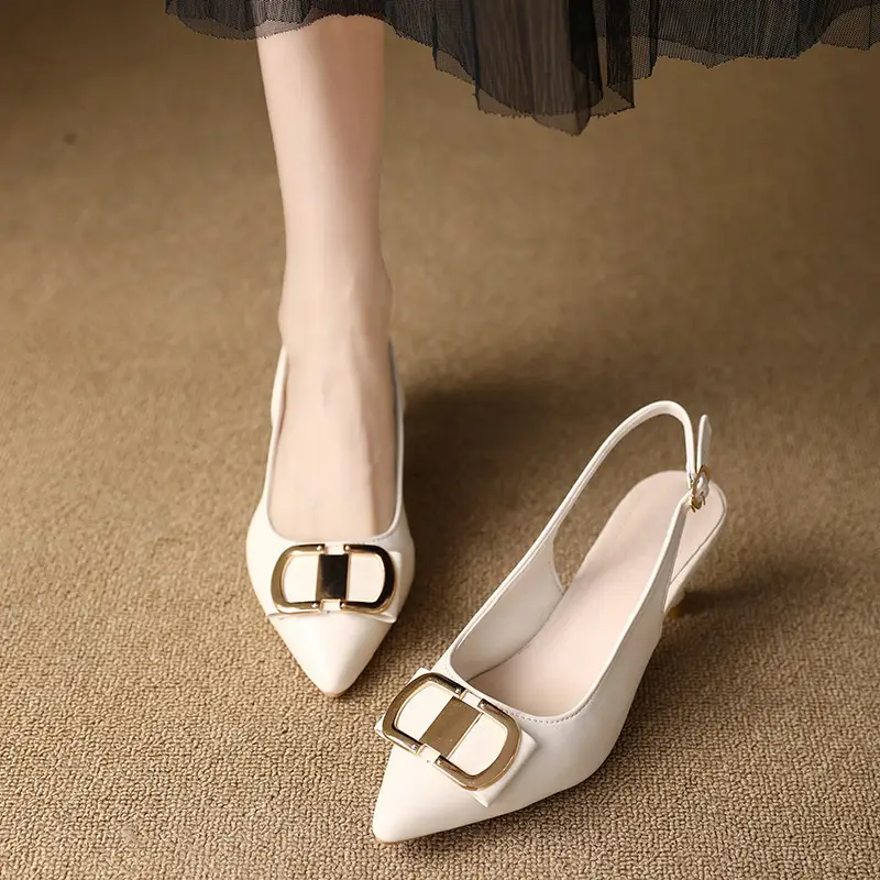 Summer New Pointed High Heels Sandals Women's Fine Heel High-end Black Toe Sandals French Square Buckle Single-layer Shoes for Women - Image 4