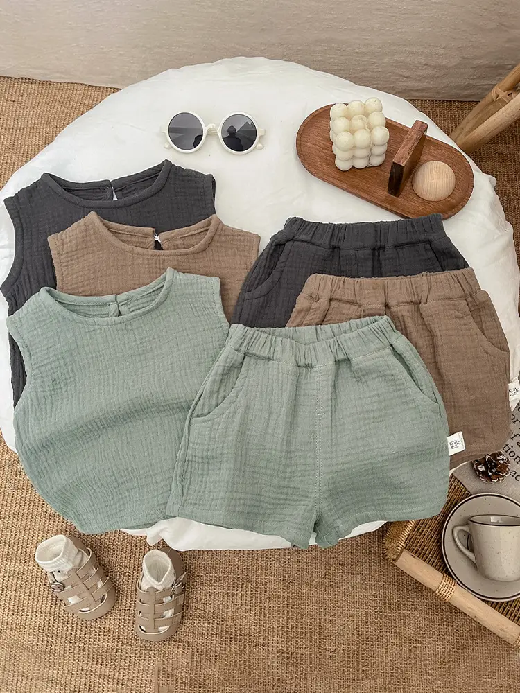 Summer Boys Cotton Vest Shorts Set Green Brown