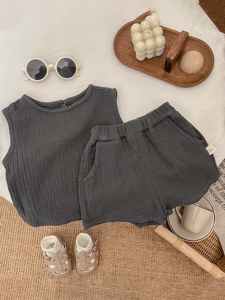 Summer Boys Cotton Vest Shorts Set Green Brown