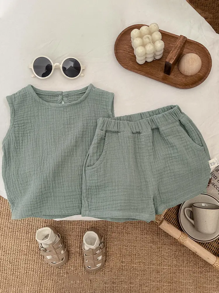 Summer Boys Cotton Vest Shorts Set Green Brown