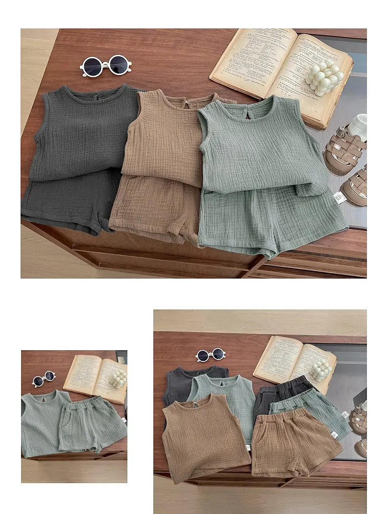 Summer Boys Cotton Vest Shorts Set Green Brown — feature 7