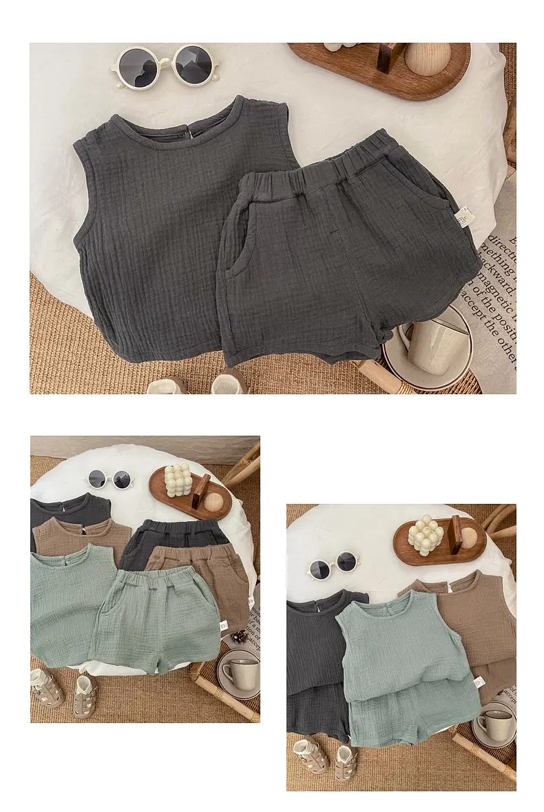 Summer Boys Cotton Vest Shorts Set Green Brown — feature 8