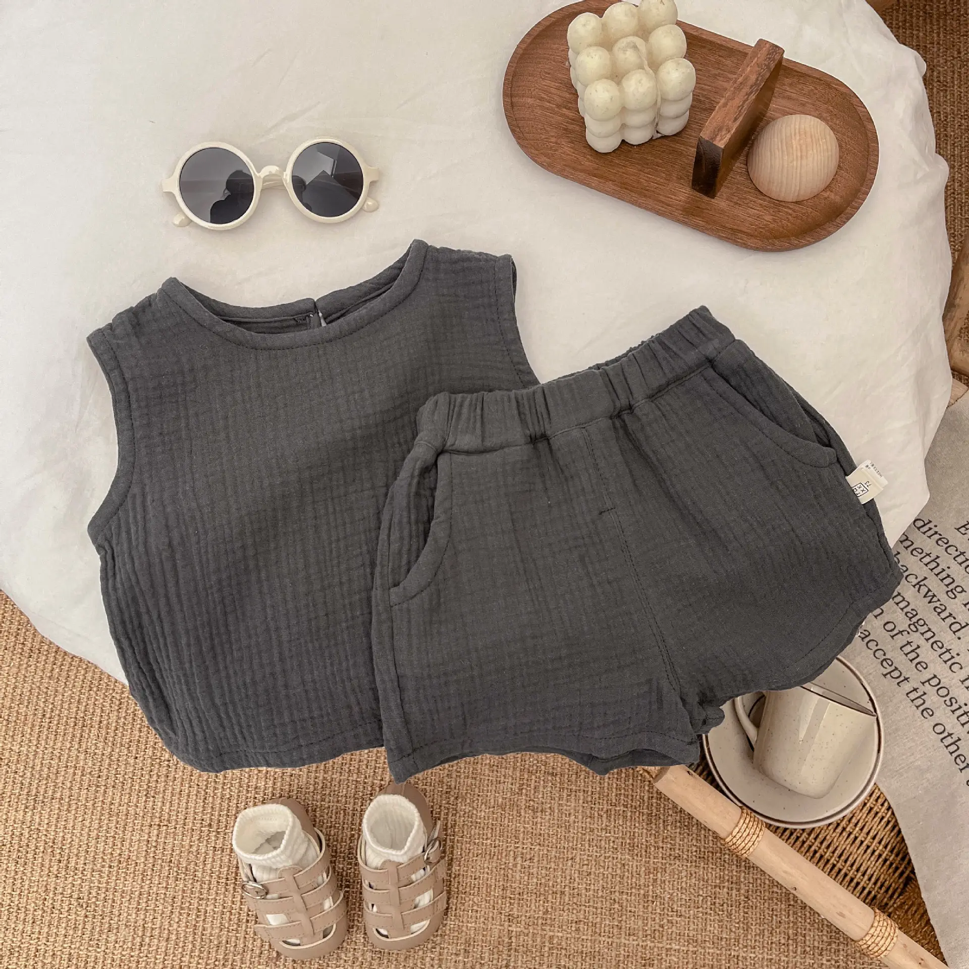 Summer Boys Cotton Vest Shorts Set Green Brown