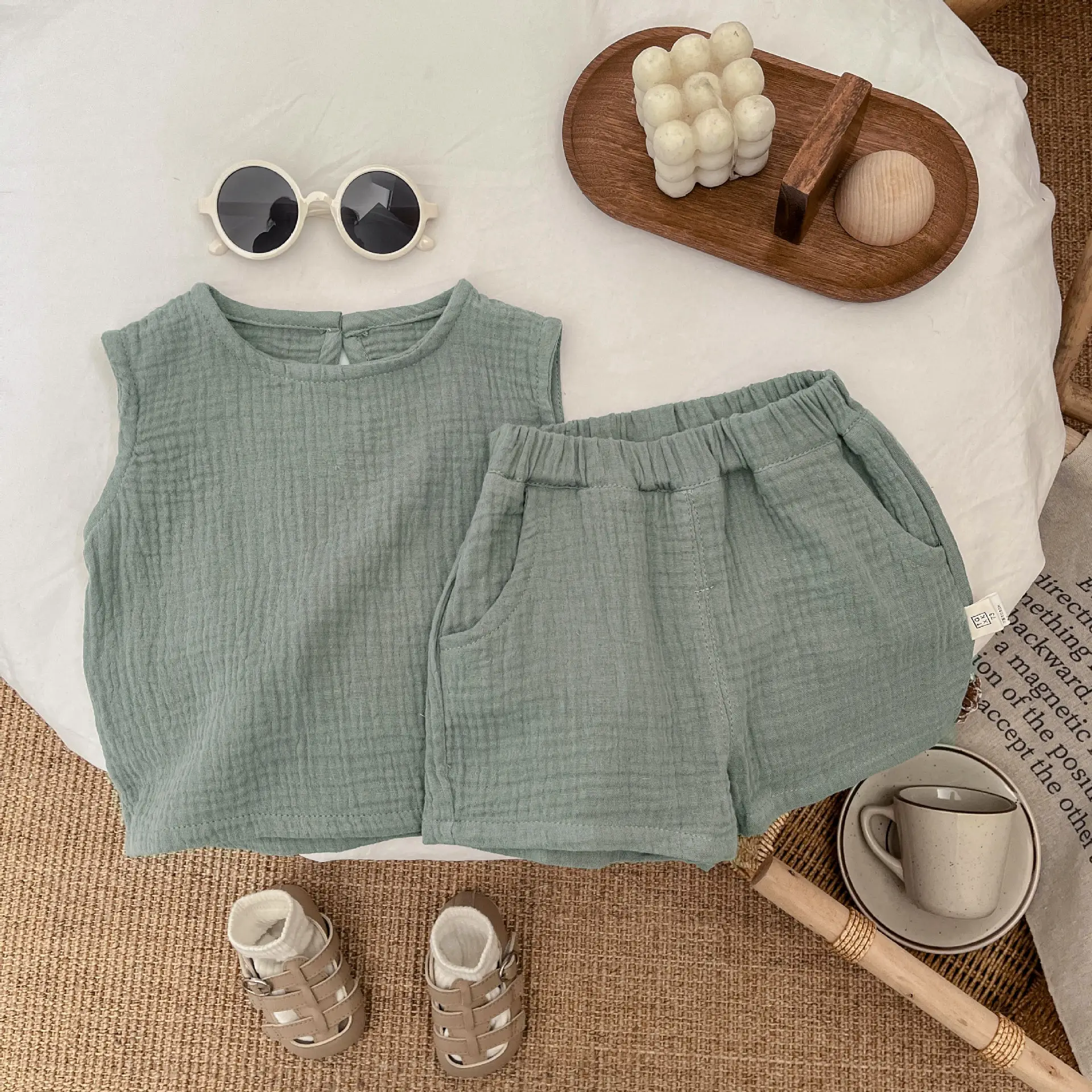 Summer Boys Cotton Vest Shorts Set Green Brown