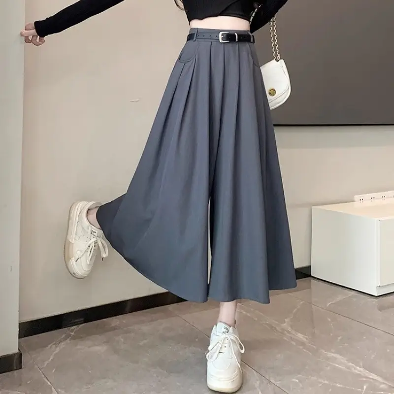 Women Summer Pleated Cropped Pants High Waist Petite Casual