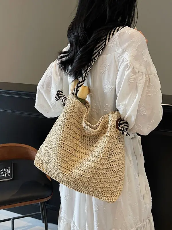 Women Straw Bag Large Capacity Beach Travel Shoulder Bag - Image 6