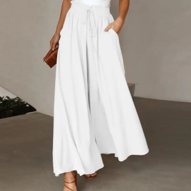 Women Wide Leg Skirt Pants Blue Elastic Belt High Waist - Image 6