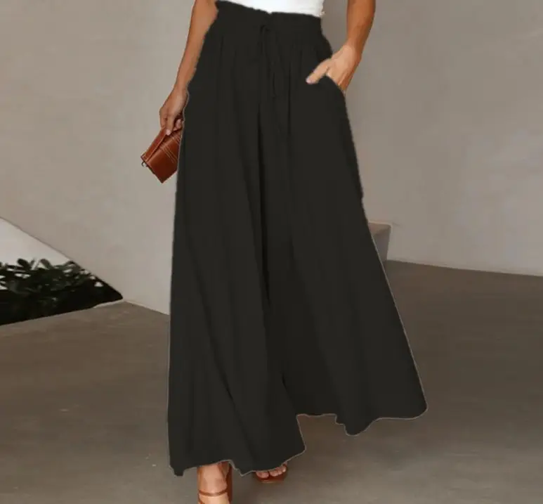 Women Wide Leg Skirt Pants Blue Elastic Belt High Waist — feature 19