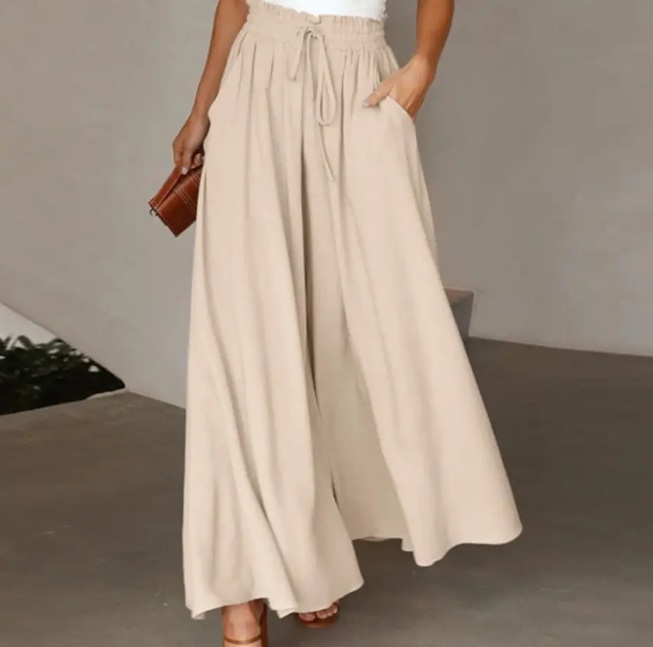 Women Wide Leg Skirt Pants Blue Elastic Belt High Waist — feature 2