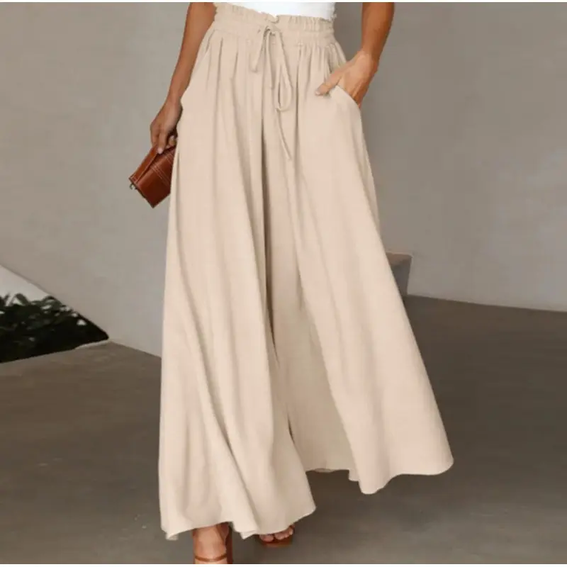 Women Wide Leg Skirt Pants Blue Elastic Belt High Waist - Image 2