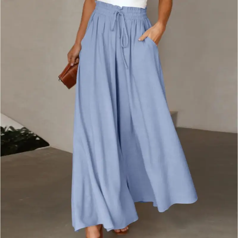 Women Wide Leg Skirt Pants Blue Elastic Belt High Waist - Image 3