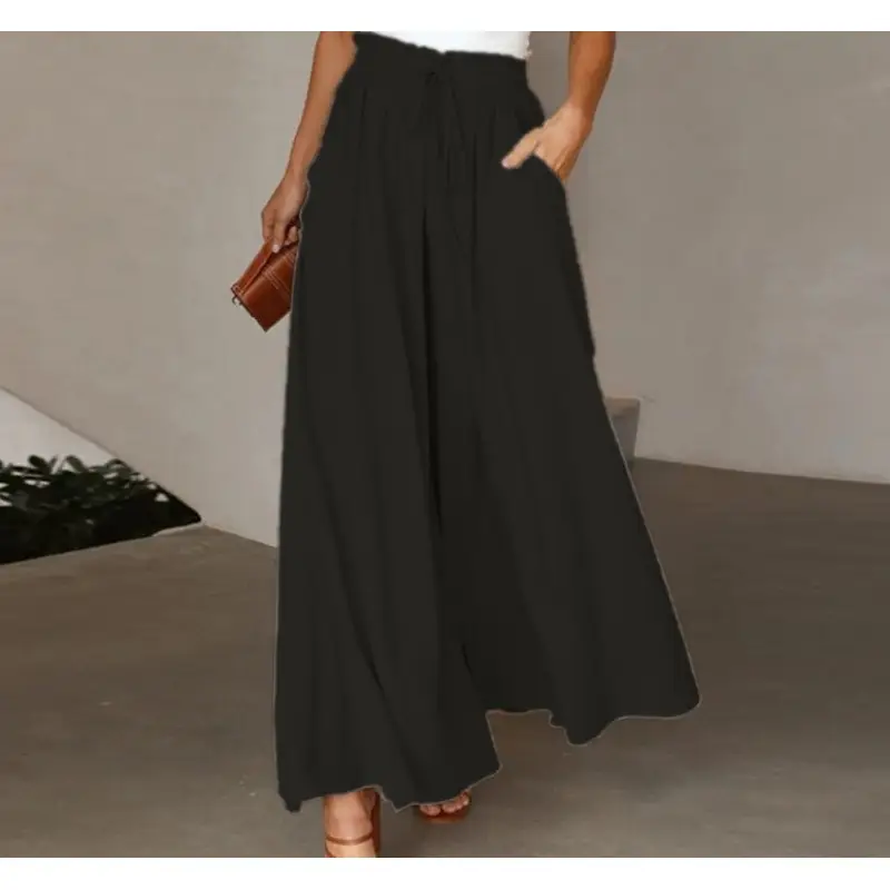 Women Wide Leg Skirt Pants Blue Elastic Belt High Waist - Image 7