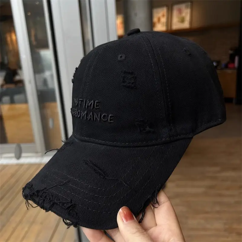 Women's Navy Washed Cotton Baseball Cap with Face Embroidery - Image 3