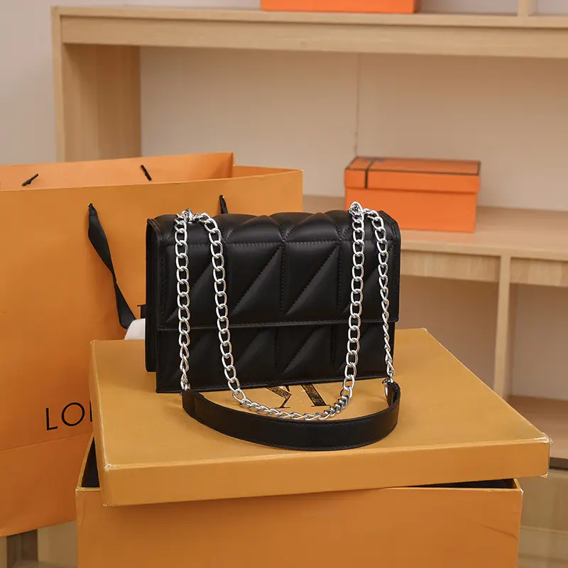 Black Quilted Shoulder Crossbody Bag with Chain - Image 4