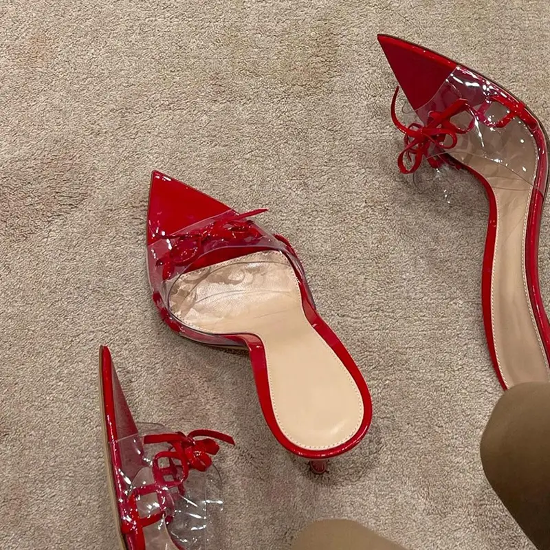 Thin Heel Sexy One-Strap Sandals Slippers Summer New Pointed Toe Open Toe Red Bow Transparent High Heel Sandals for Women - Image 3