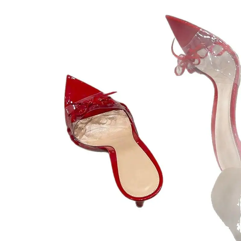 Thin Heel Sexy One-Strap Sandals Slippers Summer New Pointed Toe Open Toe Red Bow Transparent High Heel Sandals for Women - Image 5
