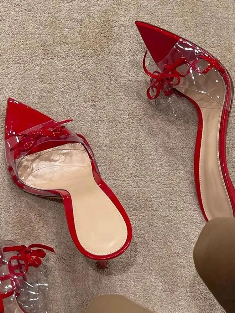 Thin Heel Sexy One-Strap Sandals Slippers Summer New Pointed Toe Open Toe Red Bow Transparent High Heel Sandals for Women — feature 3