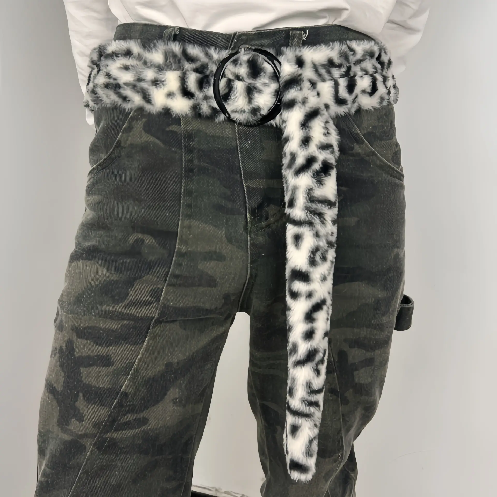 Leopard Print Belted Pants with Faux Fur Belt & Metal Buckle