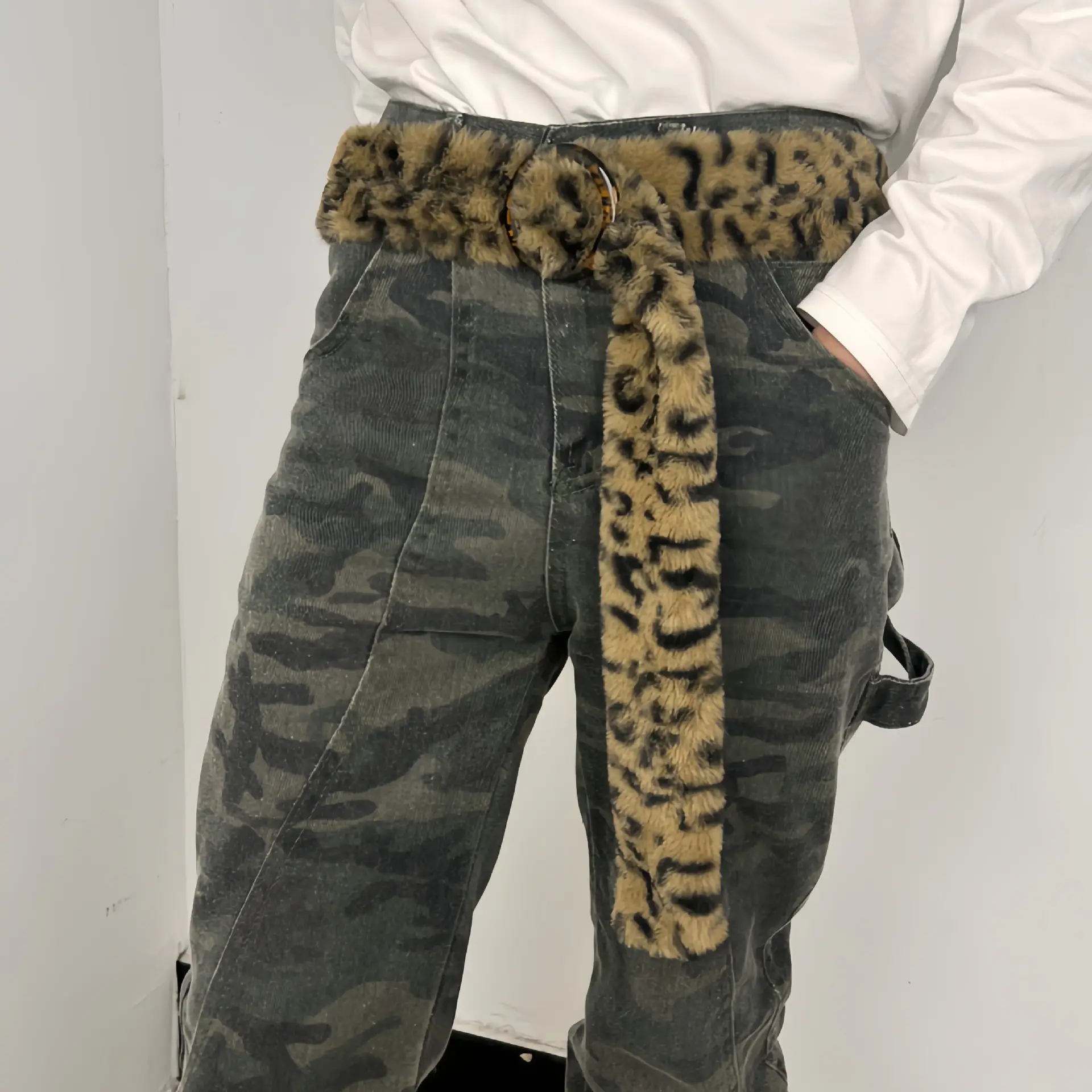 Leopard Print Belted Pants with Faux Fur Belt & Metal Buckle