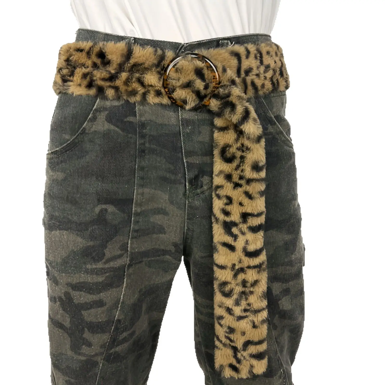 Leopard Print Belted Pants with Faux Fur Belt & Metal Buckle