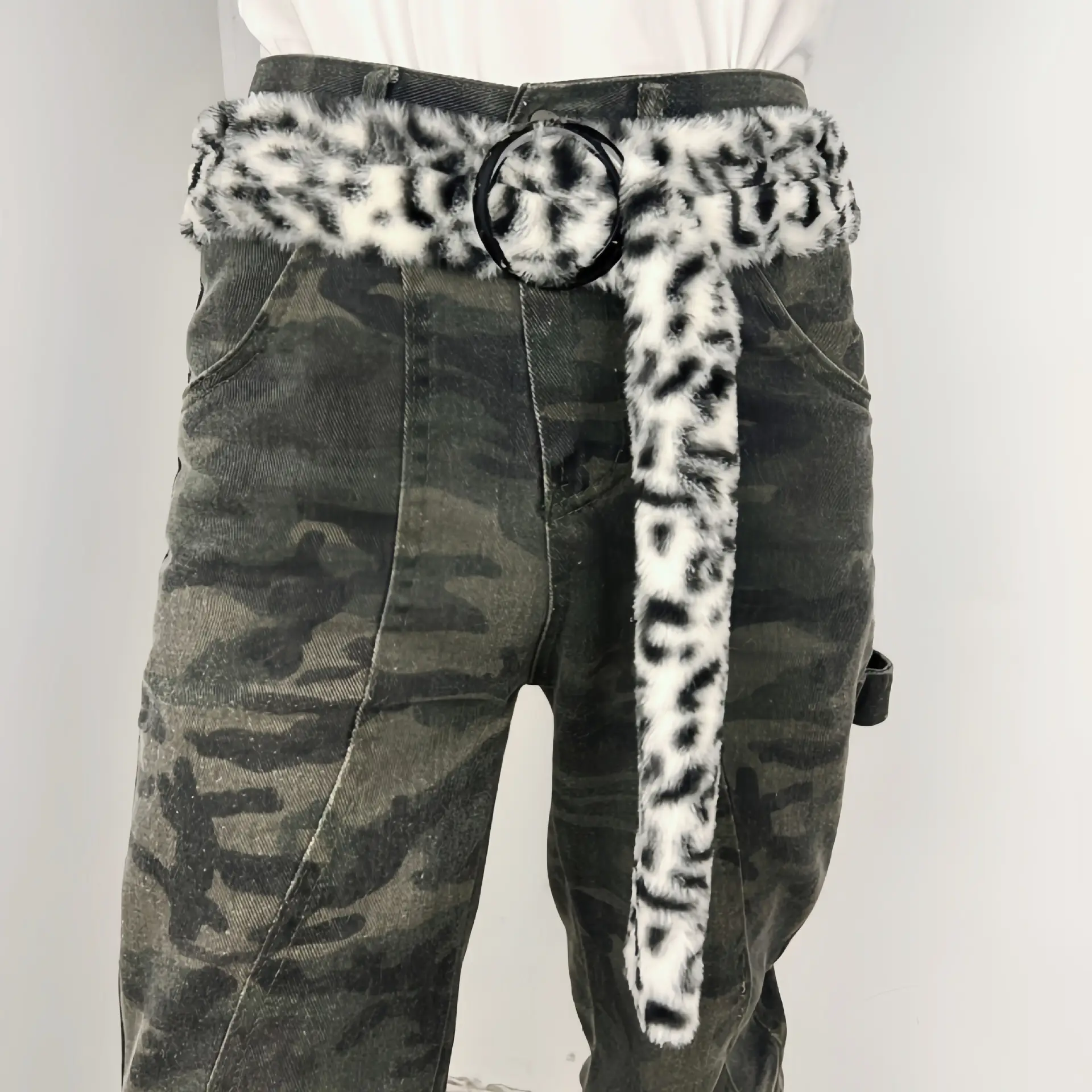 Leopard Print Belted Pants with Faux Fur Belt & Metal Buckle — feature 2
