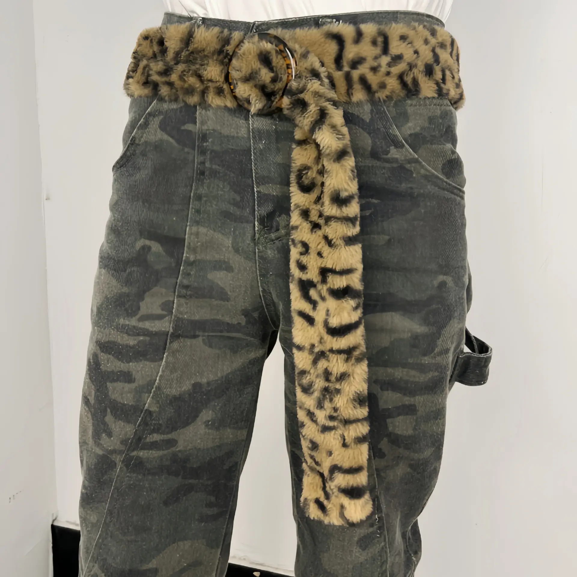 Leopard Print Belted Pants with Faux Fur Belt & Metal Buckle — feature 3