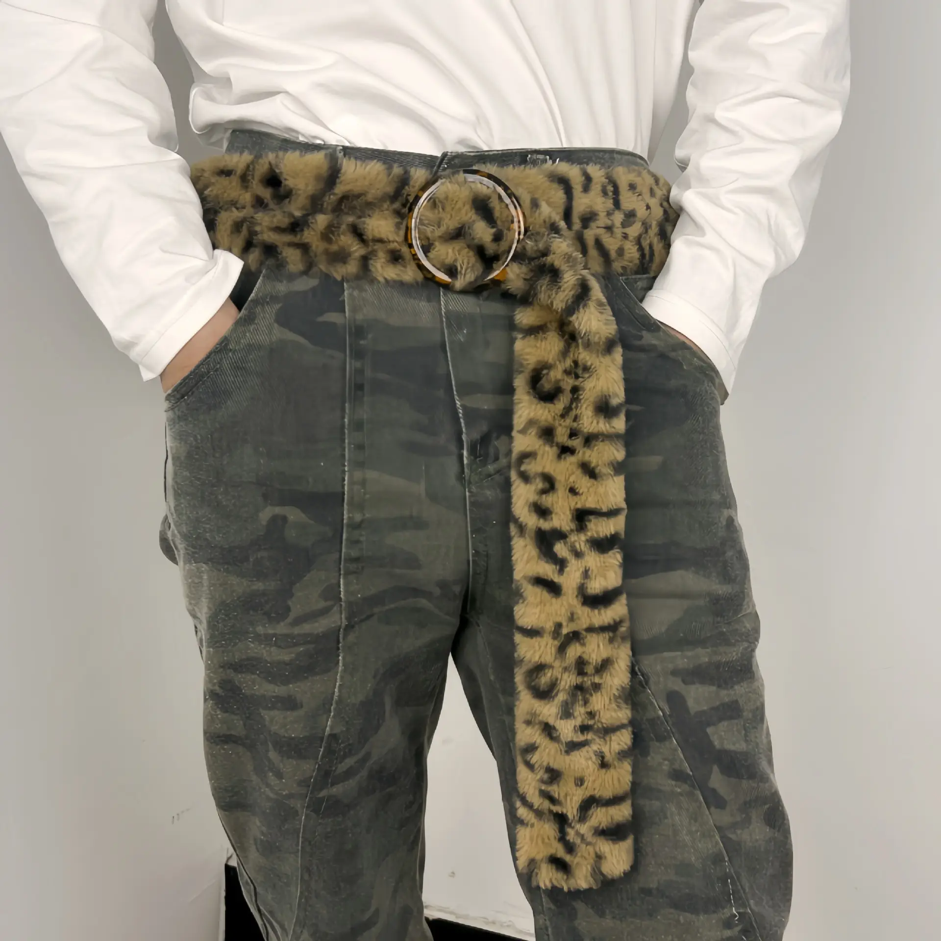 Leopard Print Belted Pants with Faux Fur Belt & Metal Buckle — feature 4