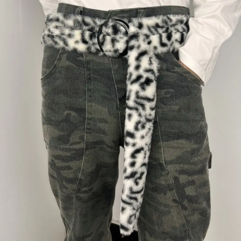 Leopard Print Belted Pants with Faux Fur Belt & Metal Buckle — feature 5