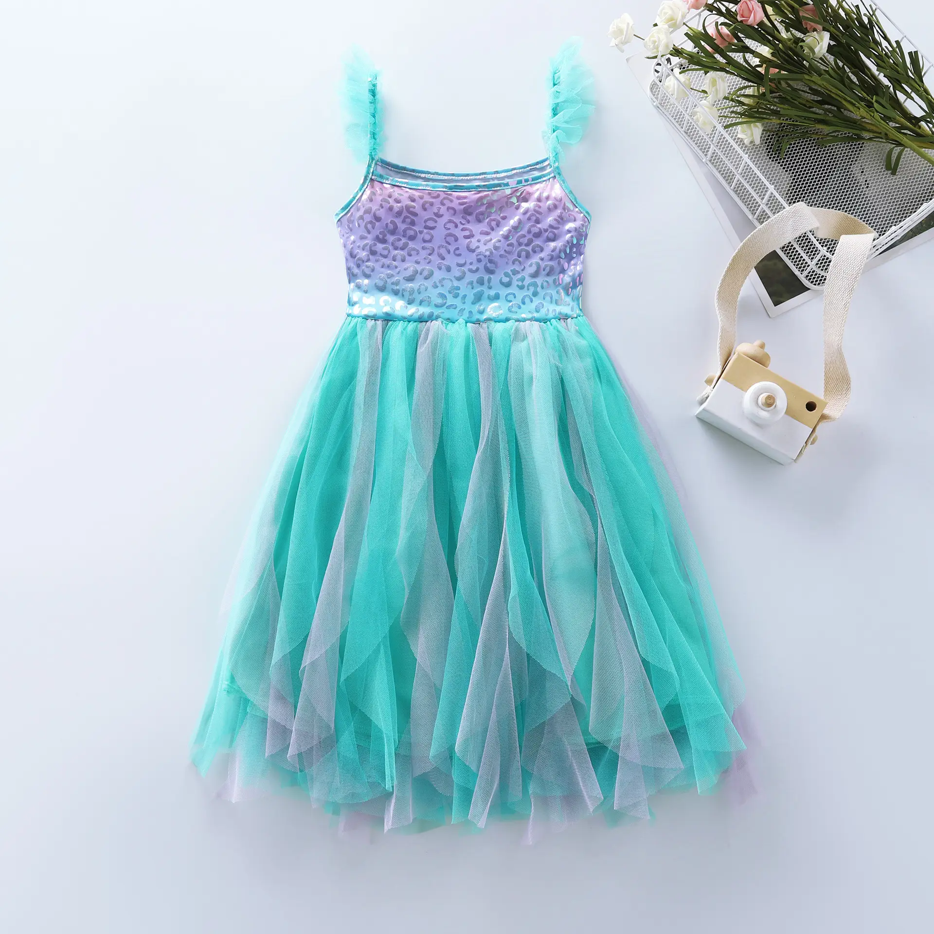 Girls Mermaid Patchwork Layered Vest Summer Dress — feature 3