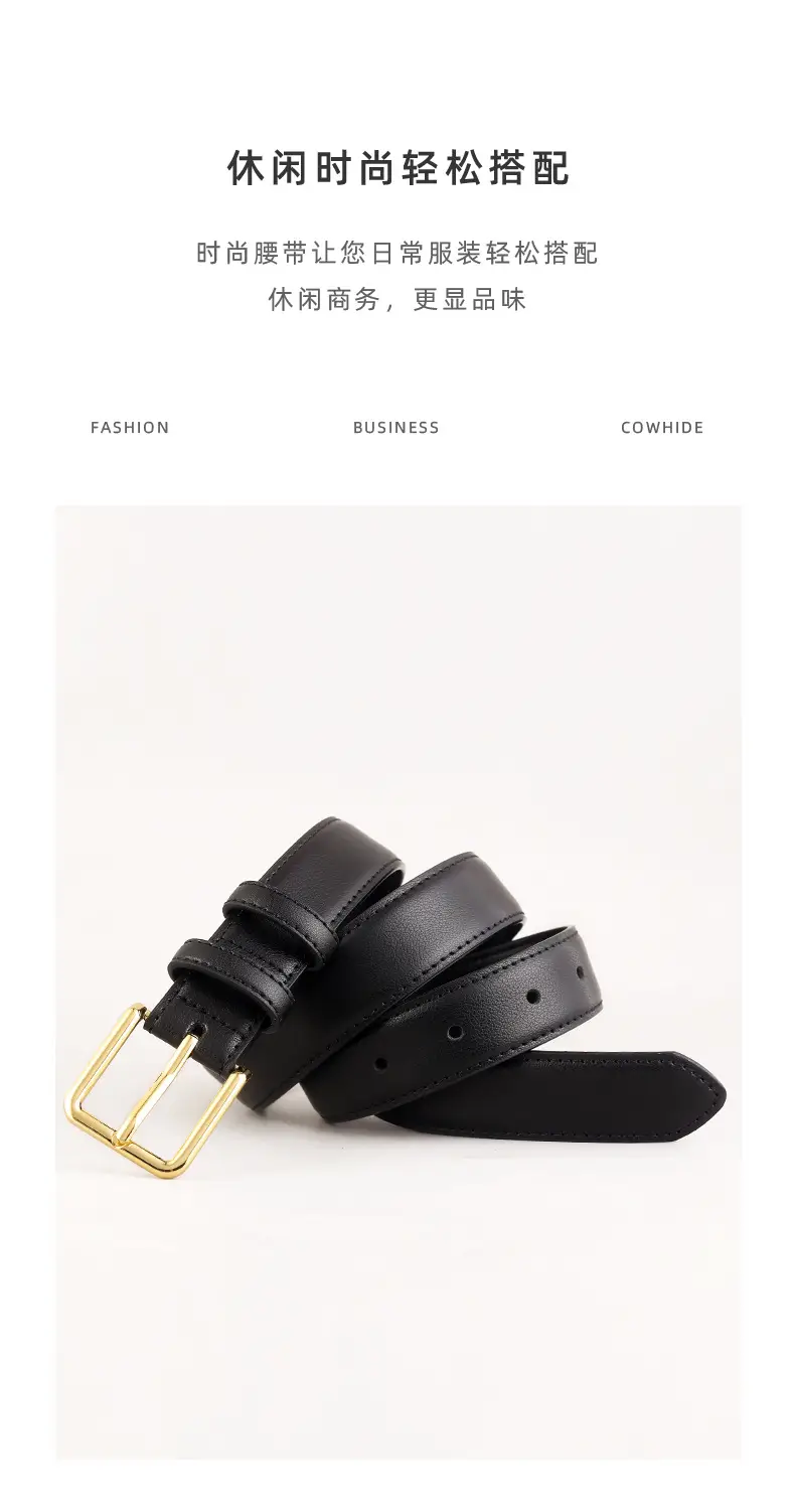 Women's Black Leather Belt with Gold Buckle 100cm — feature 10