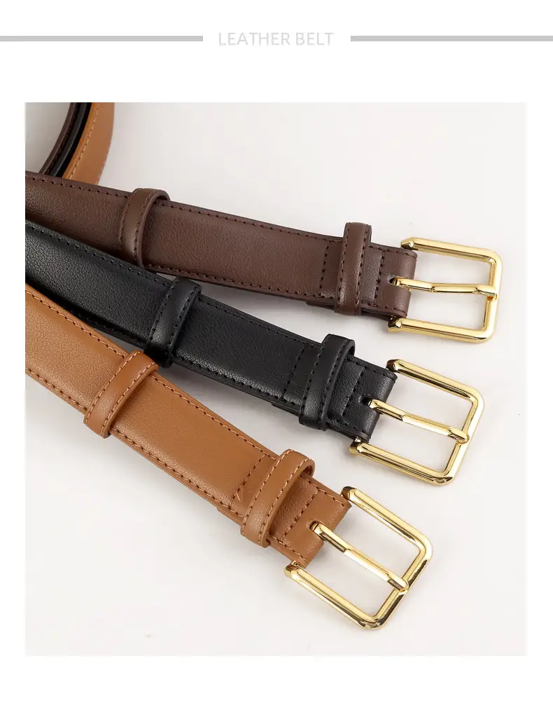 Women's Black Leather Belt with Gold Buckle 100cm — feature 7